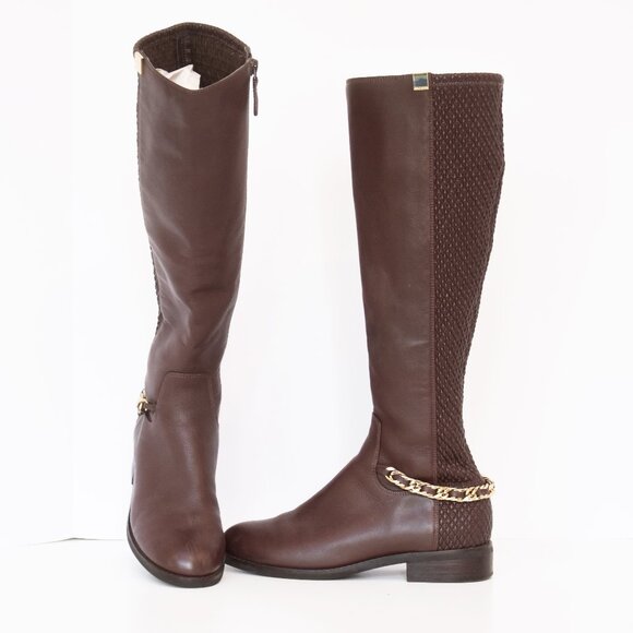 COLE HAAN IDINA Brown Tumbled Leather  Stretch Tall Boots w/Gold Chain Sz 6B - Picture 1 of 16